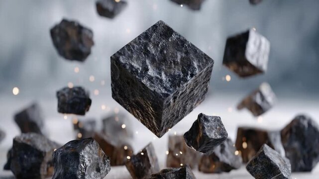 A black textured square floats amid angular dark stones, set against a diffuse light gray background for a minimalist, depth-enhancing effect.