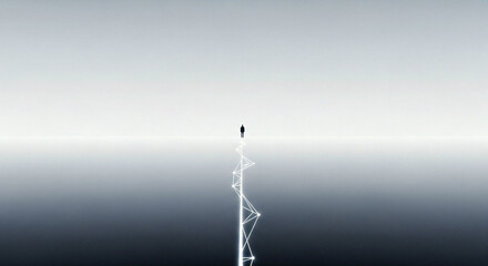 Journey to the Horizon Silhouette of Man Standing on Glowing Polygonal Pillar in Minimal Landscape