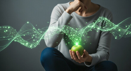 Nutritional Data Flow Woman Holding Green Apple with Glowing Green Lines Representing Health Data