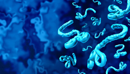 Ebola Virus outbreak viral infection as a contagious virus causing illness and death as a blue background as a pathogen filamentous shape resulting in fever hemorrhaging and multi organ failure.