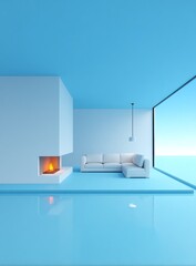 Modern, minimalist room with a fireplace, white sofa, and large window, bathed in blue light