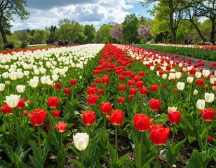 Colorful Tulip Rows Blooming Under a Bright Cloudy Sky