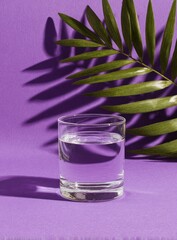 A glass of water, palm leaf, and its shadow on a purple background