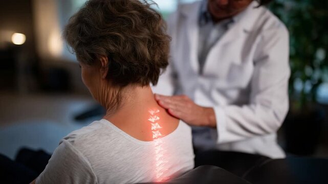 Elderly woman on exam table with highlighted spine pain, as doctor identifies affected vertebrae for diagnosis and treatment.
