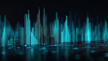 Abstract cityscape rendered in cool teal tones, resembling digital data streams