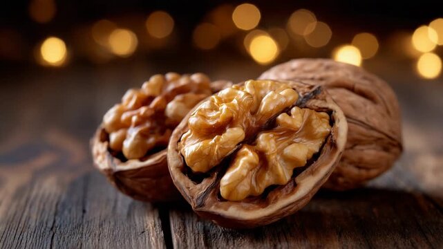Close-up of cracked walnut halves showcasing detailed shell texture and golden nutmeat on a rustic wooden surface, bathed in soft warm lighting.