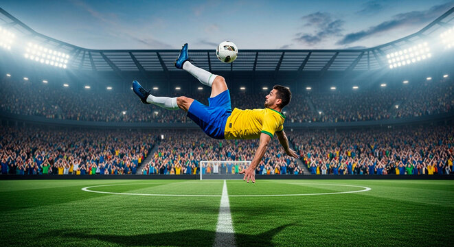 Soccer player in yellow shirt and blue shorts makes a bicycle kick backwards on a stadium lawn and in the background vibrant crowd in the stadium