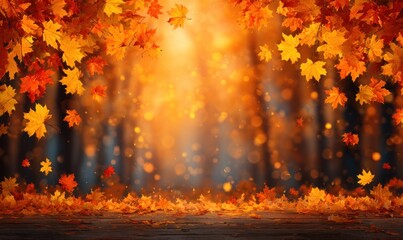 Bright autumnal scene with falling leaves, blurred woods, and a warm, sunlit atmosphere