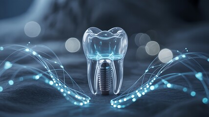 Futuristic Dental Implant with Glowing Light Trails