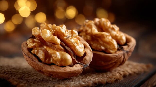 Close-up of cracked walnut halves showcasing detailed shell texture and golden nutmeat on a rustic wooden surface with warm lighting.