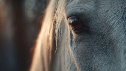 Close-up of a white horse's eye, with flowing mane and blurred background, lit by sunlight