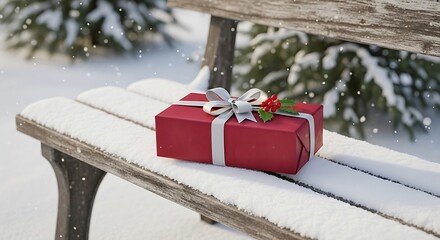 Red christmas gift with silver ribbon on a snow covered bench in winter scene