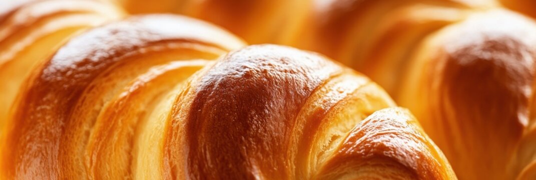 Freshly baked croissants displaying golden layers at a bakery in the morning light, ready to be served with coffee and pastries