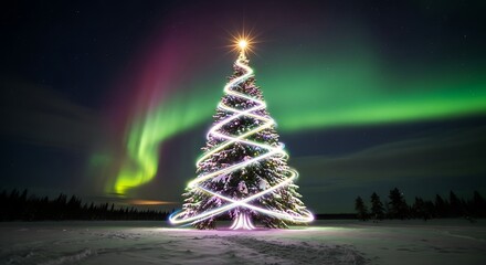 Christmas tree glows under the northern lights in a snowy winter wonderland scene