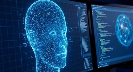 Stunning digital human head hologram visualized on futuristic computer screens displaying complex code and network data, representing AI and technology.