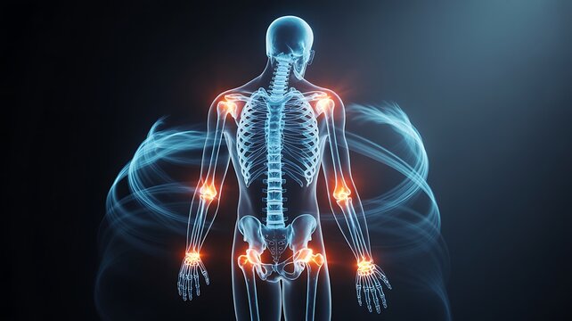 Human Skeleton with Glowing Joints and Energy Swirls