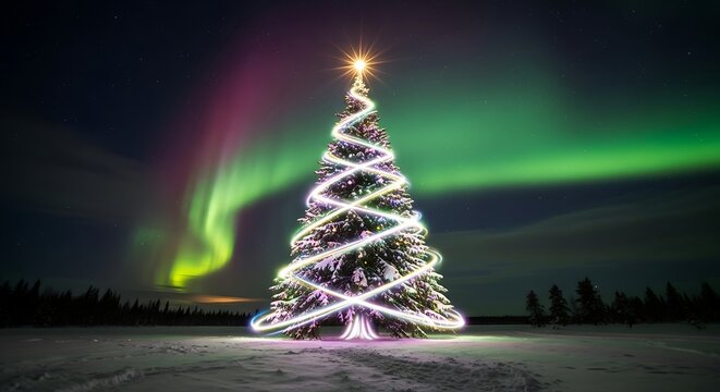 Christmas tree glows under the northern lights in a snowy winter wonderland scene - Powered by Adobe