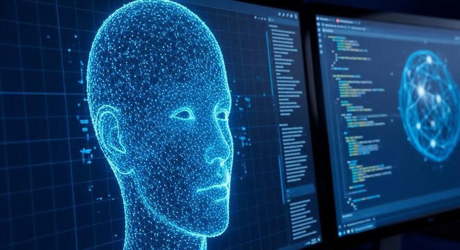 Stunning digital human head hologram visualized on futuristic computer screens displaying complex code and network data, representing AI and technology. - Powered by Adobe