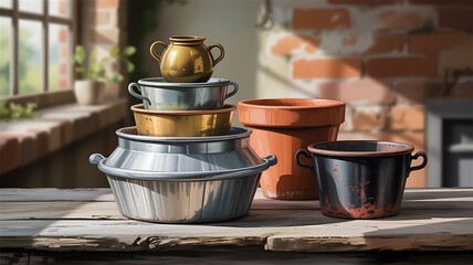 Stacked Vintage Pots and Pans on Wooden Table
