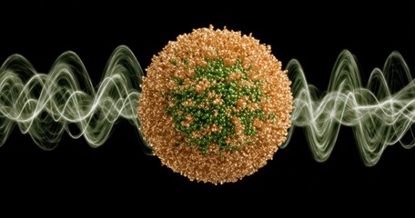 Artistic 3D render of a virus particle with a wave pattern backdrop against black