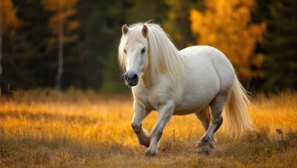 A white horse runs through a golden field, autumn leaves in the background