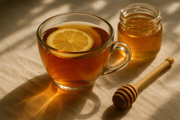 A glass cup of tea with lemon slice next to honey jar and dipper on a white textured surface