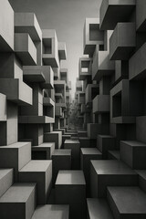 A grayscale perspective view of abstract geometric shapes forming a tunnel like structure in the distance