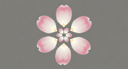 Five large pink flower petals in circular arrangement around five smaller petals on neutral gray background highlighting natural symmetry and minimalist floral elegance