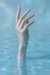 A pale hand emerges from the blue water with fingers extended upwards in a serene and ethereal scene