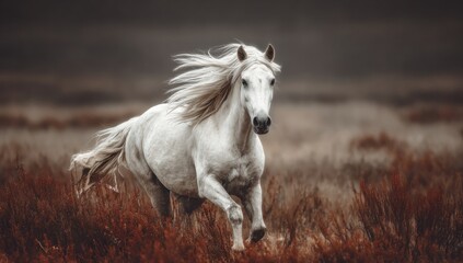 A majestic white steed gallops through tall, brown grasses, wind flowing through its mane