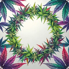 Colorful Watercolor Illustration of Cannabis Wreath with Leaves