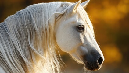 Close-up portrait of a graceful white horse with flowing mane, against a blurred, golden background