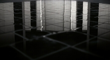 Monochrome urban building pillars reflected in wet floor with metal mesh foreground evoking isolation security architectural drama and modern minimalism