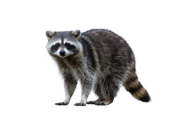 Raccoon standing with striped tail and distinctive black facial markings