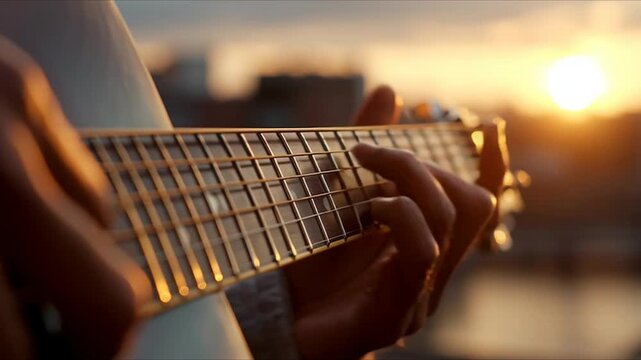 Close-up movement: fingers playing the last gentle chords on guitar strings, the strings vibrating in the golden light of sunset, the city softly blurred in the background, an intimate moment