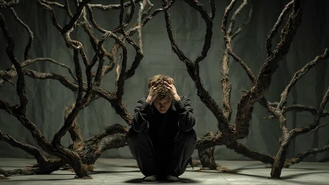 The young man is mentally depressed, he sits huddled on the floor, clutching his head in his hands in despair, while black, terrible branches of unknown trees reach out to him from all sides