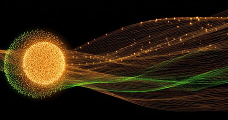 Abstract digital artwork with a central sphere radiating particle streams on a black background