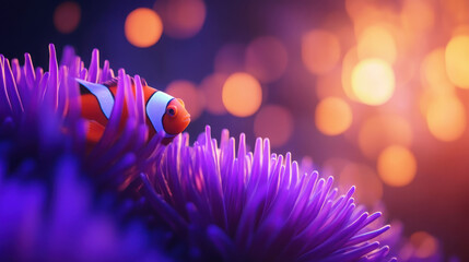 Vivid Underwater Clownfish Portrait Among Anemone with Bokeh Background