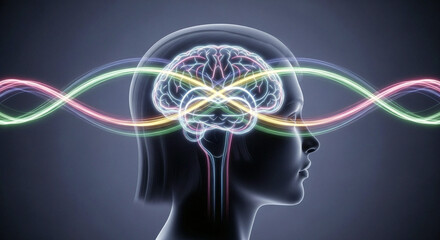Human head silhouette with multi colored glowing brain illustrating complex cognitive activity creativity thought processes and advanced brain mapping