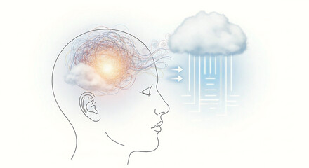 Profile Line Drawing of Human Head with Tangled Thoughts and Digital Cloud Separating Data into Structured Flow