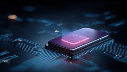 Illuminated central processing unit on a circuit board, with glowing core