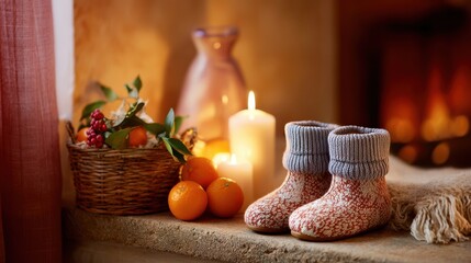Traditional St Nicholas Day scene with children’s shoes, oranges, and festive decor in a rustic European home.