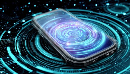 A digital phone with glowing interface, surrounded by a tech circuit background