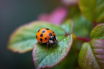Fototapeta premium 500px Photo ID: 178500237 Beautiful ladybug on leaf defocused background