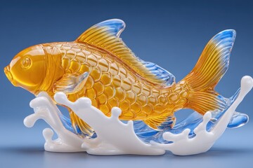Ornate, gold-hued fish sculpture leaping over water, blue background. Details evident in its form