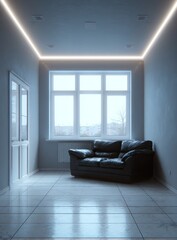 A minimalist room features a black leather couch, large window, and subtle lighting