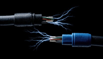 Severed cables sparking, electricity arcing between exposed wires against black