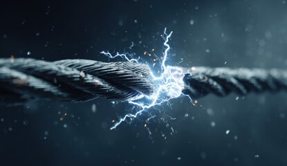 Close-up of a frayed, coarse rope being violently split by a powerful, electric current