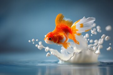 A goldfish leaps from a splash of milk, with water ripples on a blue background