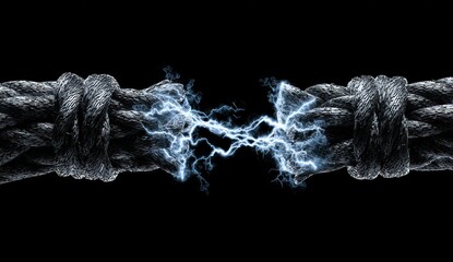 Close-up of a frayed rope with electricity crackling between the severed ends against black